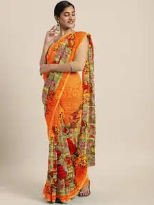 KALINI Orange & Green Printed Saree