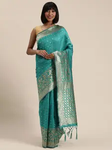 Mitera Sea Green & Gold-Toned Woven Design Saree