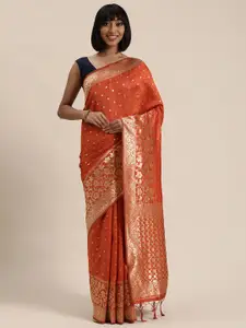 Mitera Orange & Gold-Toned Woven Design Saree