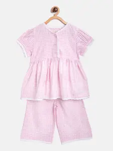 Cherry Crumble Girls Pink & White Checked Pure Cotton Night Suit
