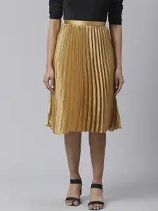 Ives Women Golden Solid Accordion Pleated Satin Finish Knee Length A-Line Skirt