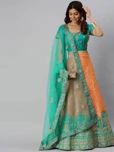 Mitera Teal Green & Orange Semi-Stitched Lehenga & Unstitched Blouse with Dupatta