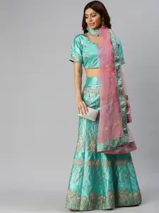 Mitera Blue & Gold-Toned Embroidered Semi-Stitched Lehenga & Unstitched Blouse with Dupatta