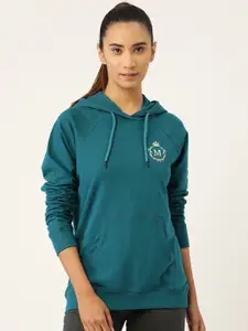 MABISH by Sonal Jain Women Teal Blue & Golden Cotton Brand Logo Hooded Sweatshirt