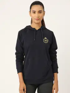 MABISH by Sonal Jain Women Navy Blue & Golden Cotton Brand Logo Hooded Sweatshirt
