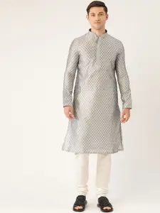 Manyavar Men Grey & White Woven Design Kurta with Churidar