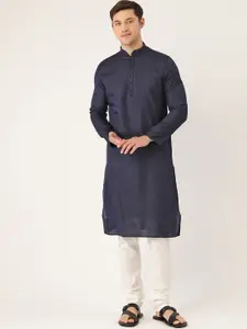 Manyavar Men Navy Blue & White Self Design Kurta with Churidar