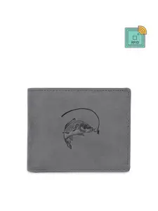 WildHorn Men Grey & Black Printed RFID Protected Genuine Leather Two Fold Wallet