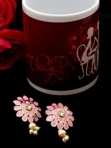 PANASH Pink & Gold Plated Enamelled Floral Drop Earrings With Magic Mug