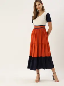 The Dry State Women White & Rust Red Colourblocked Tiered Maxi Dress