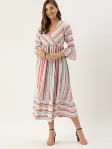 The Dry State Women White & Pink Striped Wrap Dress
