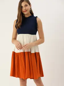 The Dry State Women Navy Blue & White Colourblocked Tiered A-Line Dress