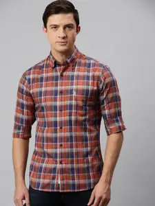 U.S. Polo Assn. Men Rust Orange & Navy Blue Tailored Fit Checked Casual Shirt