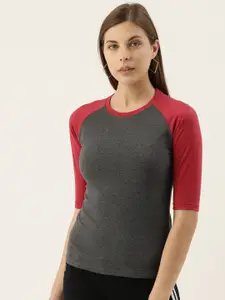 Campus Sutra Women Charcoal Grey Solid Round Neck T-shirt