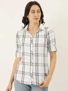 Campus Sutra Women White & Black Regular Fit Checked Casual Shirt