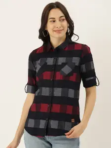 Campus Sutra Women Black & Red Regular Fit Checked Casual Shirt