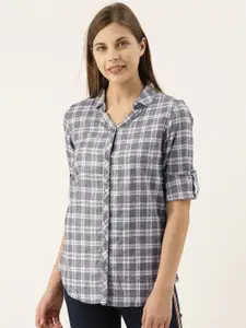 Campus Sutra Women Grey & White Regular Fit Checked Casual Shirt