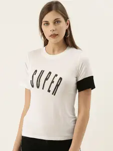 Campus Sutra Women White Printed Round Neck T-shirt