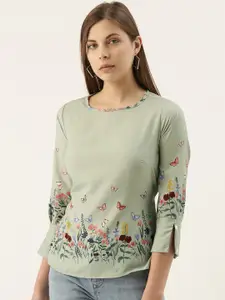 Campus Sutra Green & Peach-Coloured Floral Butterfly Print Tie-Up Detail Top