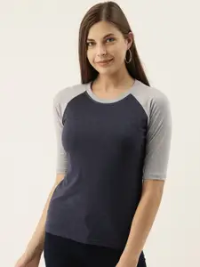 Campus Sutra Women Navy Blue & Grey Melange Solid Round Neck T-shirt