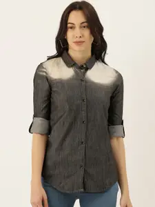 Campus Sutra Women Charcoal & Off-White Regular Fit Faded Casual Shirt