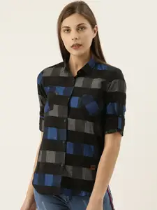 Campus Sutra Women Black & Blue Regular Fit Checked Casual Shirt