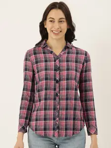Campus Sutra Women Pink & Navy Blue Regular Fit Checked Casual Shirt