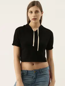 Campus Sutra Black Solid Hooded Cropped Top