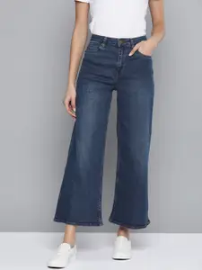 Chemistry Women Navy Blue Wide Leg Mid-Rise Clean Look Cropped Stretchable Jeans