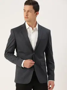Peter England Men Charcoal Grey & White Neo Slim Fit Striped Single-Breasted Formal Blazer