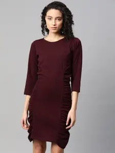 plusS Women Burgundy Ruched Solid Sheath Dress