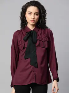 plusS Women Burgundy Regular Fit Solid Casual Shirt