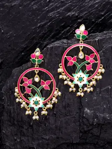 PANASH Gold-Toned & Pink  Enamelled Floral Drop Earrings