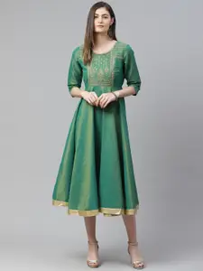 AURELIA Green & Golden Embroidered Detail Shimmer A-Line Dress
