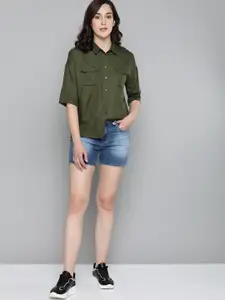 Harvard Women Olive Green Regular Fit Solid Casual Shirt