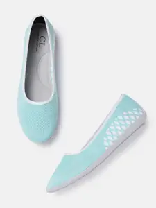 Carlton London sports Women Turquoise Blue & White Knitted Woven Design Mesh Ballerinas