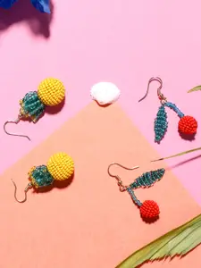 Blueberry Set of 2 Gold-Plated Handcrafted Beaded Pineapple & Cherry-Shaped Drop Earrings