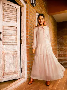 MANGO Women Peach-Coloured Self-Design Tie-Up Neck Tiered Shift Dress