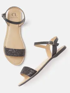 Carlton London Women Black Glitter Open Toe Flats