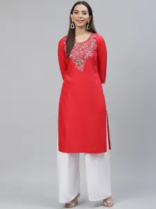 AURELIA Women Red Floral Thread Work Straight Kurta