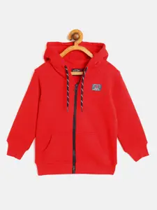 Gini and Jony Boys Red Cotton Hooded Sweatshirt with Printed Back