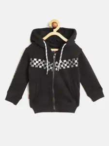 Gini and Jony Infant Boys Black Cotton Hooded Sweatshirt with Checkered Detail
