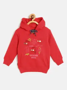 Gini and Jony Boys Red Pure Cotton Printed Hooded Sweatshirt