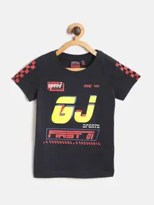 Gini and Jony Boys Navy Blue  Yellow Typography Print Round Neck Pure Cotton T-shirt