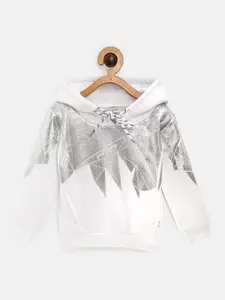 Gini and Jony Girls White & Silver Printed Hooded Sweatshirt