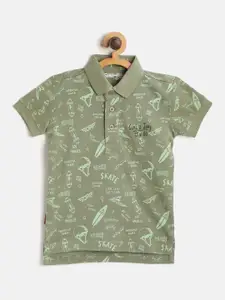 Gini and Jony Infant Boys Olive Green Conversational Print Pure Cotton Polo Collar Pure Cotton T-shirt