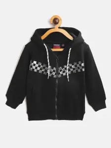 Gini and Jony Boys Black Cotton Hooded Sweatshirt with Checkered Detail