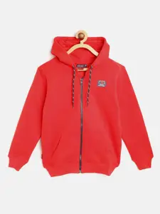 Gini and Jony Boys Red Cotton Hooded Sweatshirt with Printed Back
