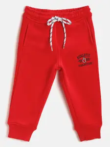 Gini and Jony Boys Solid Fleece Lined Knitted Pure Cotton Joggers with Embroidered Detail