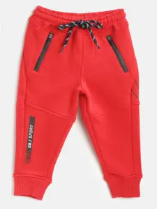 Gini and Jony Boys Red Solid Fleece Lined Joggers with Printed Back Detail